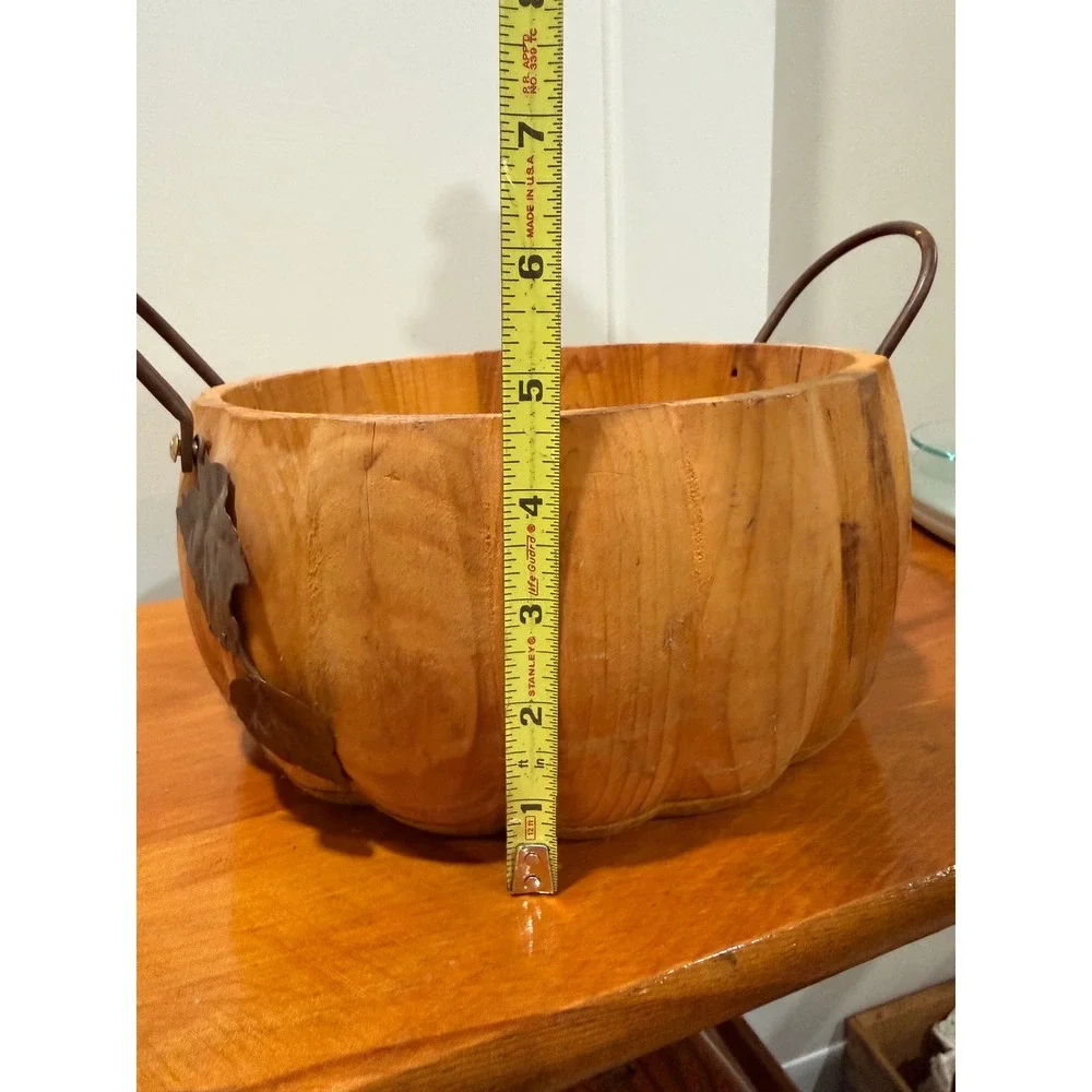 Rustic Carved Wooden Pumpkin Bowl Centerpiece with Metal Handles Fall Decor